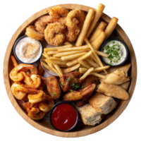 Fried platter with dips and fries on transparent background png