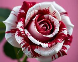 Unique Red and White Rose with Intricate Petal Patterns on Pink Background photo