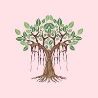 Illustration of a tree with green leaves and roots on a pink background. tree icon design, Design element illustration of a big banyan tree. Illustration of banyan tree vector