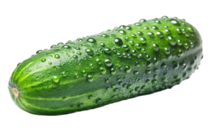 Fresh green cucumber covered in water droplets, highlighting its crisp texture and vibrancy. png