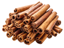 A close-up of a vibrant pile of aromatic cinnamon sticks, showcasing their rich brown color and unique curled shapes. png