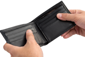 A person holds an open black leather wallet, showcasing its sleek design and multiple card slots. png
