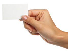 A close-up of a light-skinned hand holding a blank card, ideal for customization or creative messaging. png