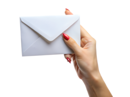 A woman's hand with striking red nails holds a crisp white envelope, symbolizing communication and connection. png