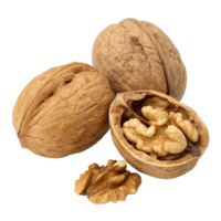 Three walnuts, one cracked open revealing the nut inside, showcasing their natural texture and color. png