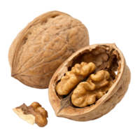 Close-up of a walnut split open, showcasing the rich, textured nut inside. png