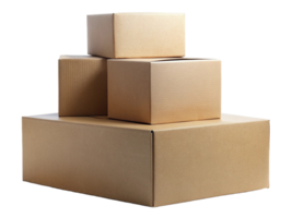 A stack of four cardboard boxes in varying sizes, showcasing a neutral color palette and simple, clean lines. png