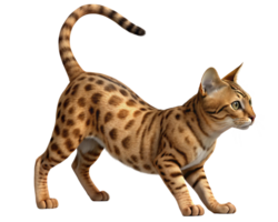 A majestic Bengal cat with a sleek coat and striking spots, poised gracefully in a playful stance. png