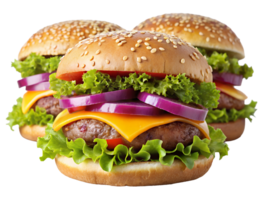 Delicious cheeseburgers stacked with fresh lettuce, onions, and melted cheese on sesame seed buns. png