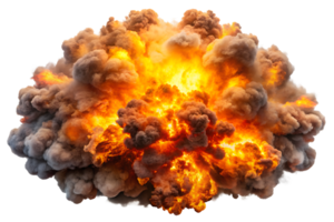 A vibrant explosion showcases fiery orange and yellow flames intertwined with dark smoke, creating a dramatic visual effect. png