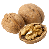 Three walnuts, showcasing one opened to reveal the rich, textured nut inside. png