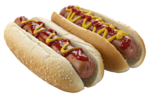 Two classic hot dogs topped with ketchup and mustard, served in sesame seed buns. png