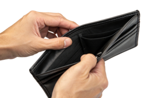 An open black leather wallet held by a male hand, showcasing its empty interior and card slots. png