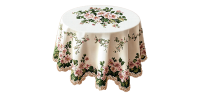 Round floral tablecloth displaying embroidered flowers isolated on transparent background png