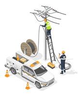Isometric illustration of electrical line workers installing power cables on utility pole with fast service vehicle and equipment on white background isometric cartoon vector