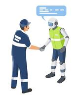 Experienced technician embracing AI assistance to learn and adapt to new industrial technologies for future innovation and growth isometric vector