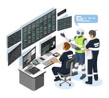 AI Powered Data Analysis in Industrial Control Room with Engineers Monitoring Real-Time Operations on Multiple Screens isometric vector