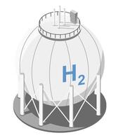 Isometric illustration of a spherical hydrogen storage tank with support structures and labeled H2 symbol used for clean energy and industrial applications vector