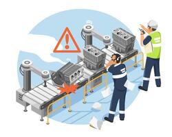 Production line malfunction causes potential damage to engine parts during automated manufacturing process in industrial factory cartoon isometric vector