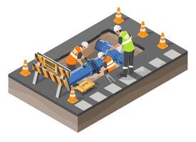 Technicians repairing underground water pipeline beneath city road to ensure efficient utility service and prevent infrastructure disruption isometric cartoon vector