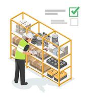 Industrial factory staff from the procurement and materials department inspecting inventory and verifying supply levels in the warehouse using a digital checklist system isometric vector