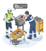 Human technician and AI powered robot collaborating on engine assembly in smart industrial workshop environment isometric cartoon vector