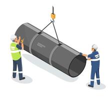 Industrial workers coordinating the lifting of a large steel pipeline using a crane, showcasing teamwork and safety procedures in heavy duty construction operations isometric isolated vector