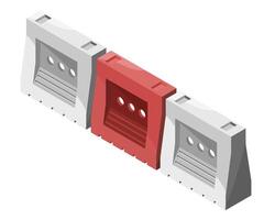 Isometric illustration of three plastic road barriers in red and gray colors with ventilation holes and textured surface isolated on white background vector