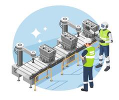 Seamless engine production process achieved through AI powered monitoring and human machine collaboration in modern smart factory isometric cartoon vector