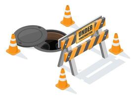 Isometric illustration of an open manhole surrounded by traffic cones and a construction barrier with under construction sign on white background for safety and infrastructure design cartoon vector