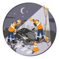 Emergency nighttime drainage cleanup by utility workers to prevent urban flooding and ensure public safety under urgent conditions isometric vector