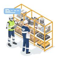 Robot assistant supporting warehouse staff in inventory room management, highlighting smart logistics item tracking and supply chain automation in industrial storage facilities isometric vector