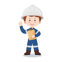 Smiling industrial engineer cartoon character holding clipboard and pointing up for idea or instruction concept. vector