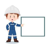Cartoon industrial engineer pointing at blank sign for message, warning, or information in factory or workplace. vector