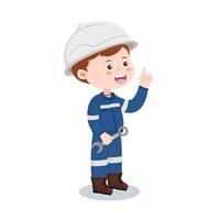 Cartoon industrial engineer wearing helmet holding wrench and pointing up with idea isolated on white background. vector