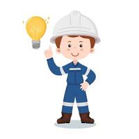 Cartoon industrial engineer smiling and pointing up with light bulb for new idea or innovation concept. vector