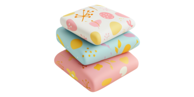 Stack of three decorative pillows with floral patterns isolated on transparent background png