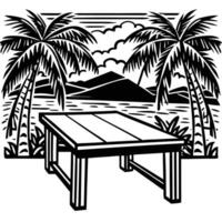 Wooden Table Overlooking a Tropical Paradise with Verdant Greenery vector