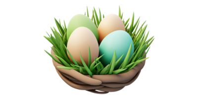 Colored easter eggs in nest with grass isolated on transparent background png