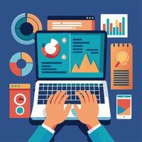 Close Up of Focused Hands Using a Laptop Computer with a Display Screen vector