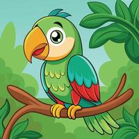 Cartoon Parrot Perched on a Tree Branch with Vibrant Plumage vector