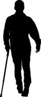 Man disabled walking with cane crutch isolated silhouette vector