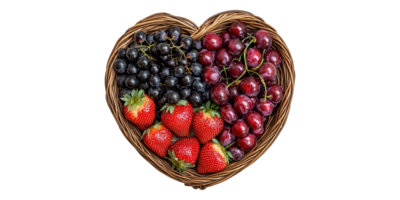 Heart-shaped basket with strawberries grapes and cherries isolated on transparent background png