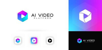 AI Platform Logo With Gradient Play Symbol In 3D Hexagon Shape, Futuristic Design For Tech And Media Brands. logotype vector