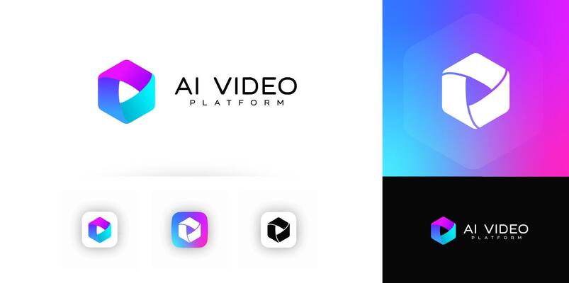 AI Platform Logo With Gradient Play Symbol In 3D Hexagon Shape, Futuristic Design For Tech And Media Brands. logotype