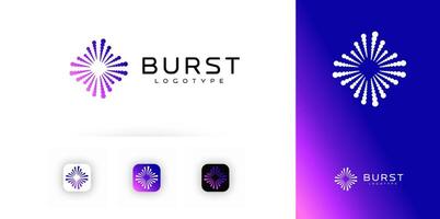 Burst logo with radial dotted explosion. Abstract vibrant symbol for tech, festival, audio, visual media, fireworks or creative app branding. Dynamic gradient illustration. vector