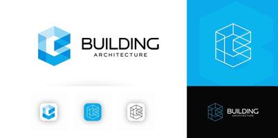 Geometric building architecture logo. Abstract 3D cube structure for construction company, real estate, architect branding, urban tech or engineering firm. Clean modern illustration. vector