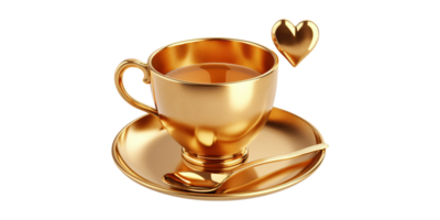 Gold Teacup with Heart Design Isolated on Transparent Background png