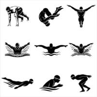 set of Creative Swimming Race with Clipart and Silhouette Style vector
