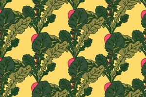Botanical abstract seamless pattern with beets illustration. Colorful repeating cartoon green vegetables pattern in yellow color background. Graphic design for Fashion Cover Textile Birthday vector